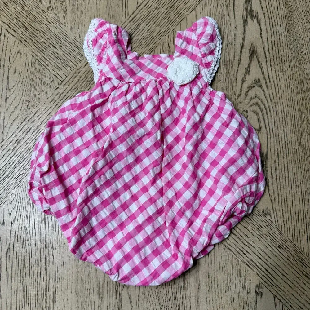 Crown & Ivy‎ Baby Girl Romper Bubble Suit Size 12 Month-White/Pink Check